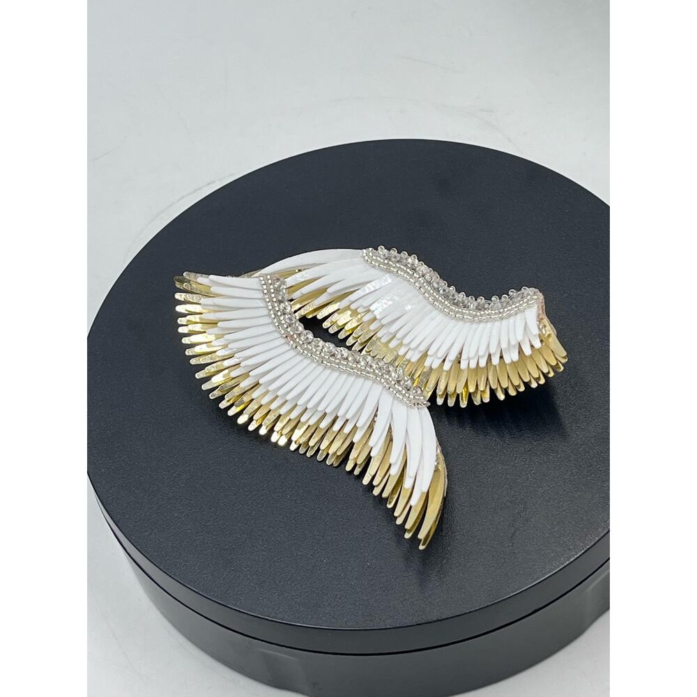 Mignonne Gavigan Gold White Metallic Madeline Large Leather Sequins Wing Earring - Picture 15 of 15
